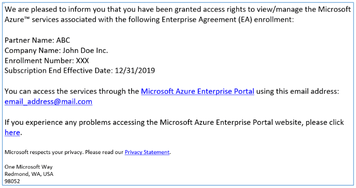 Enterprise Azure subscription email