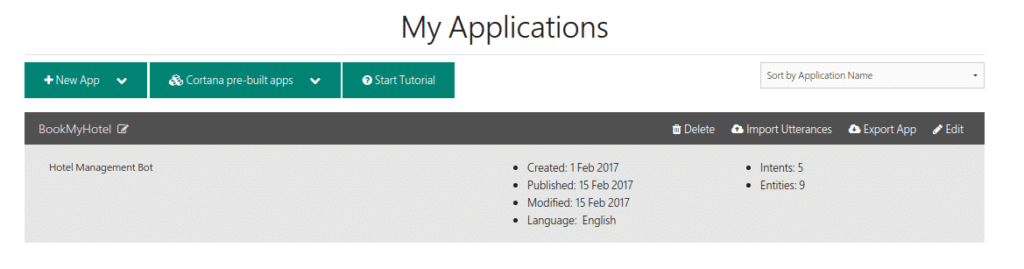 LUIS Application List Page